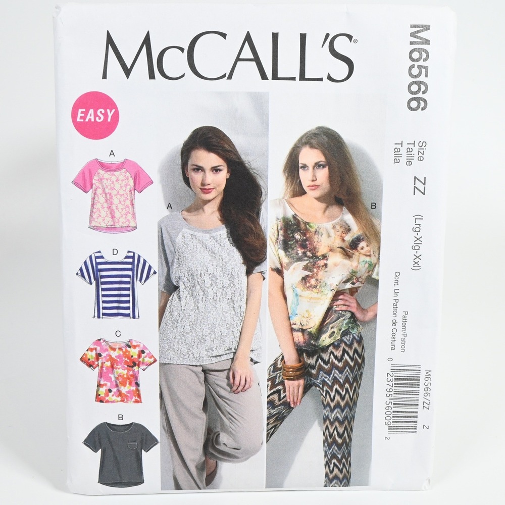 McCall's 6566 Sewing Pattern Misses L-XXL Pullover Tops Uncut Factory Folded